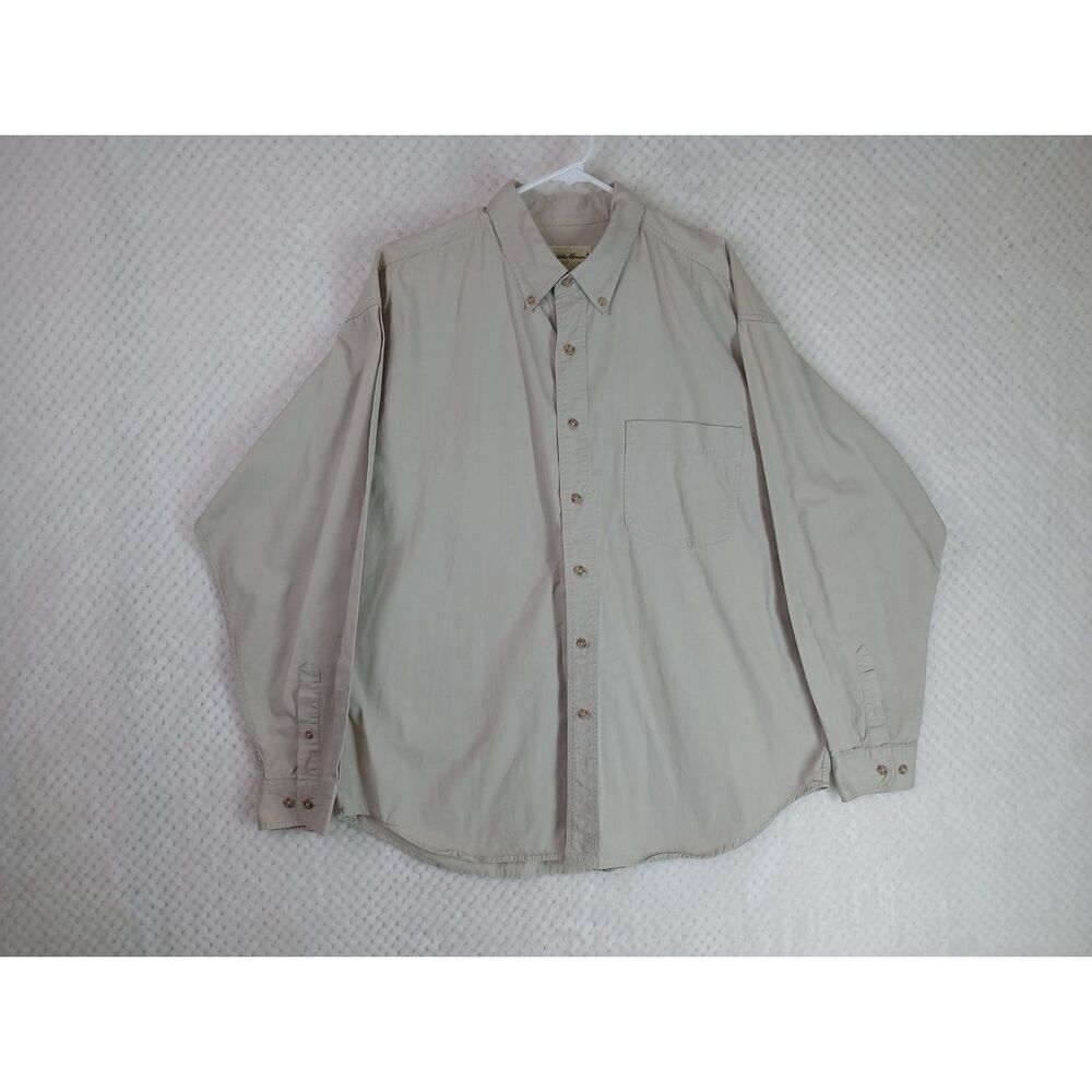Vintage Eddie Bauer Men's XL Beige Button Down Twill Long Sleeve Shirt